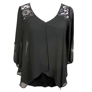 IZ Byer Black Blouse with Lace and Sheer Overlay
